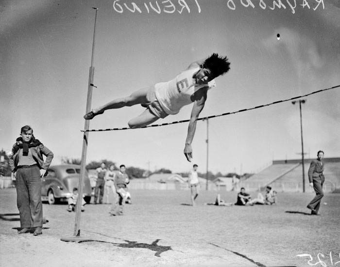 Raymond Trevino high jumping, 1939