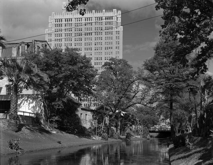San Antonio River looking downstream toward the Navarro Street Bridge on the upper arm of the river bend, 1938