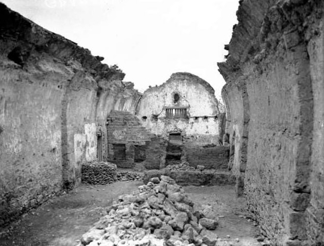 Beginning restoration of the granary at Mission San Jose, 1932