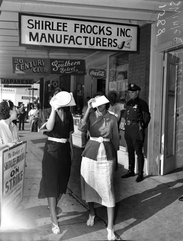 Strike pickets outside of Shirlee Frock, 109 S. Pecos Street, 1937