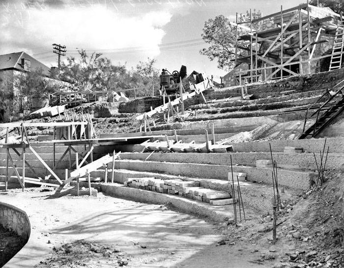 Seating area under construction at outdoor river theater, 1939