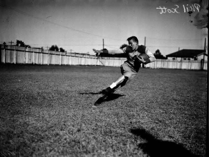 Portrait of Phil Scott of Brackenridge High School football team, 1936
