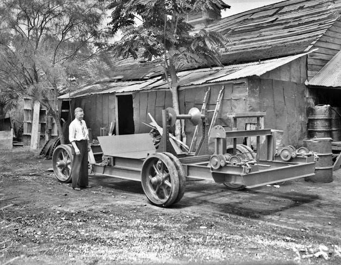 L.A. LeLaurin stands beside tree removing machine, 1939