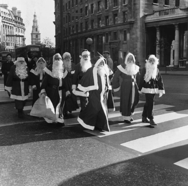 Group of Santa Clauses crossing the street, 1959.