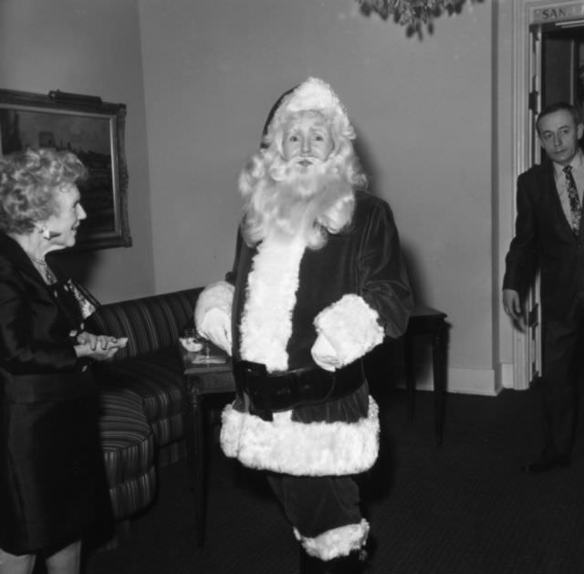 Debbie Reynolds arrived at the Golden Apple Awards in Los Angeles dressed as Santa Claus, 1969.