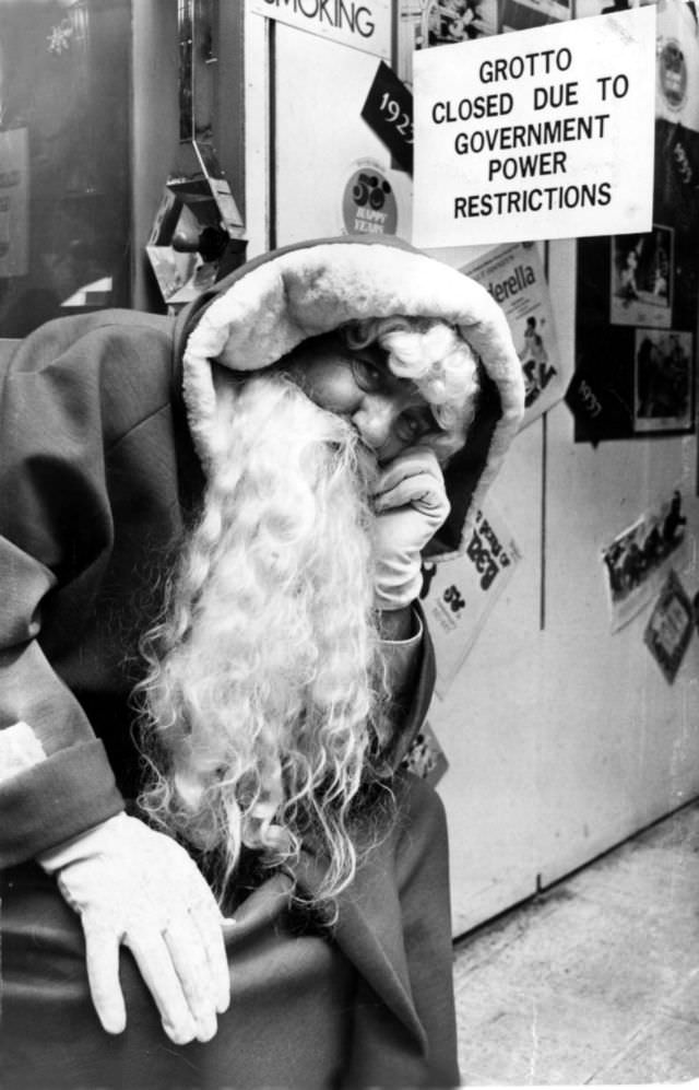 A saddened Father Christmas at David Morgan's store in Cardiff, 1973.