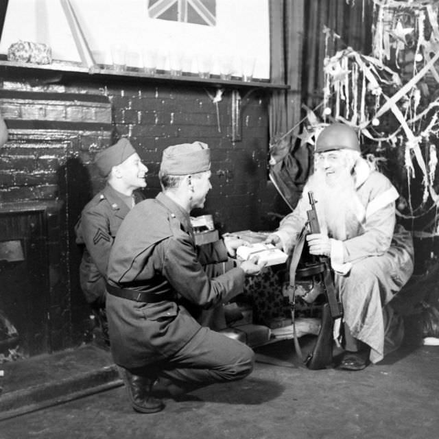 Santa Claus handing out gifts during World War II, 1942. (David E. Scherman)
