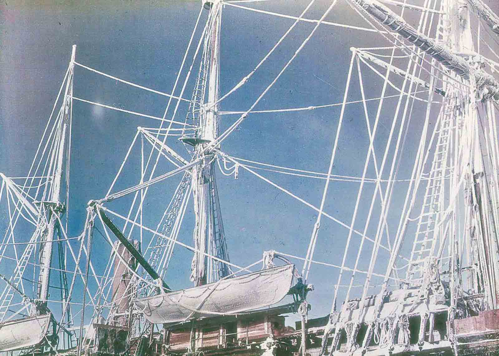 The rigging of the Endurance, coated in rime.
