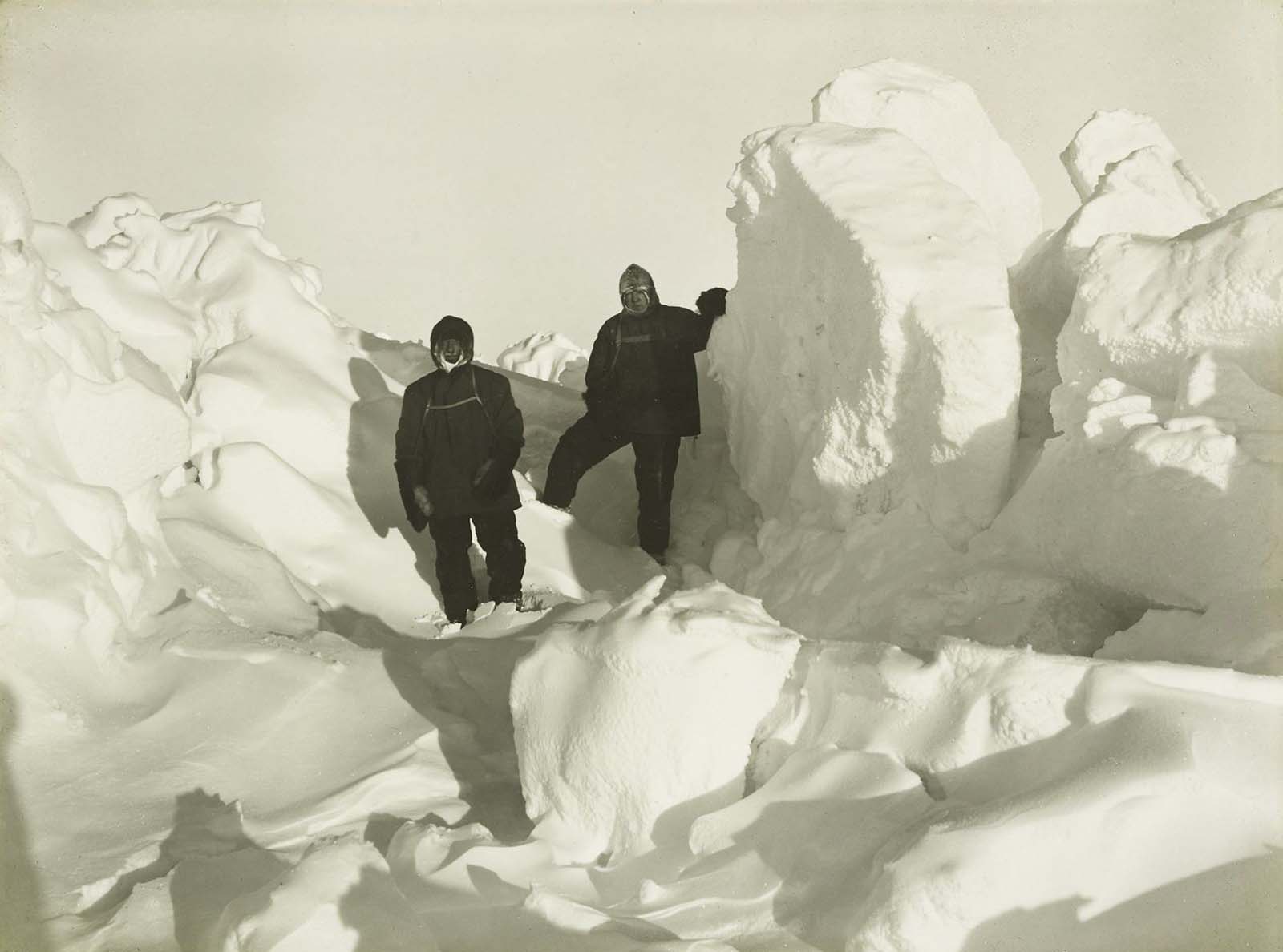 Shackleton and Wild among the pressure ridges in the pack ice.