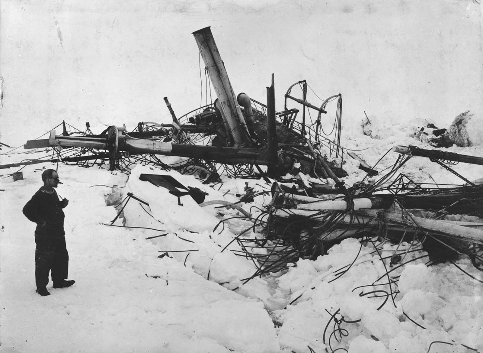 Frank Wild, Second in Command, contemplates the wreck of the Endurance.