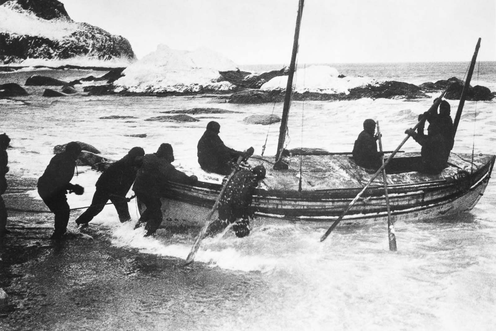 The James Caird is launched from Elephant Island on a mission to reach South Georgia Island.
