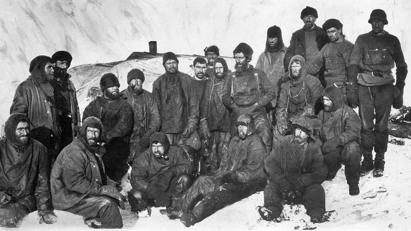 The Elephant Island party. Back row: Greenstreet, McIlroy, Marston, Wordie, James, Holness, Hudson, Stephenson, McLeod, Clark, Orde-Lees, Kerr, Macklin