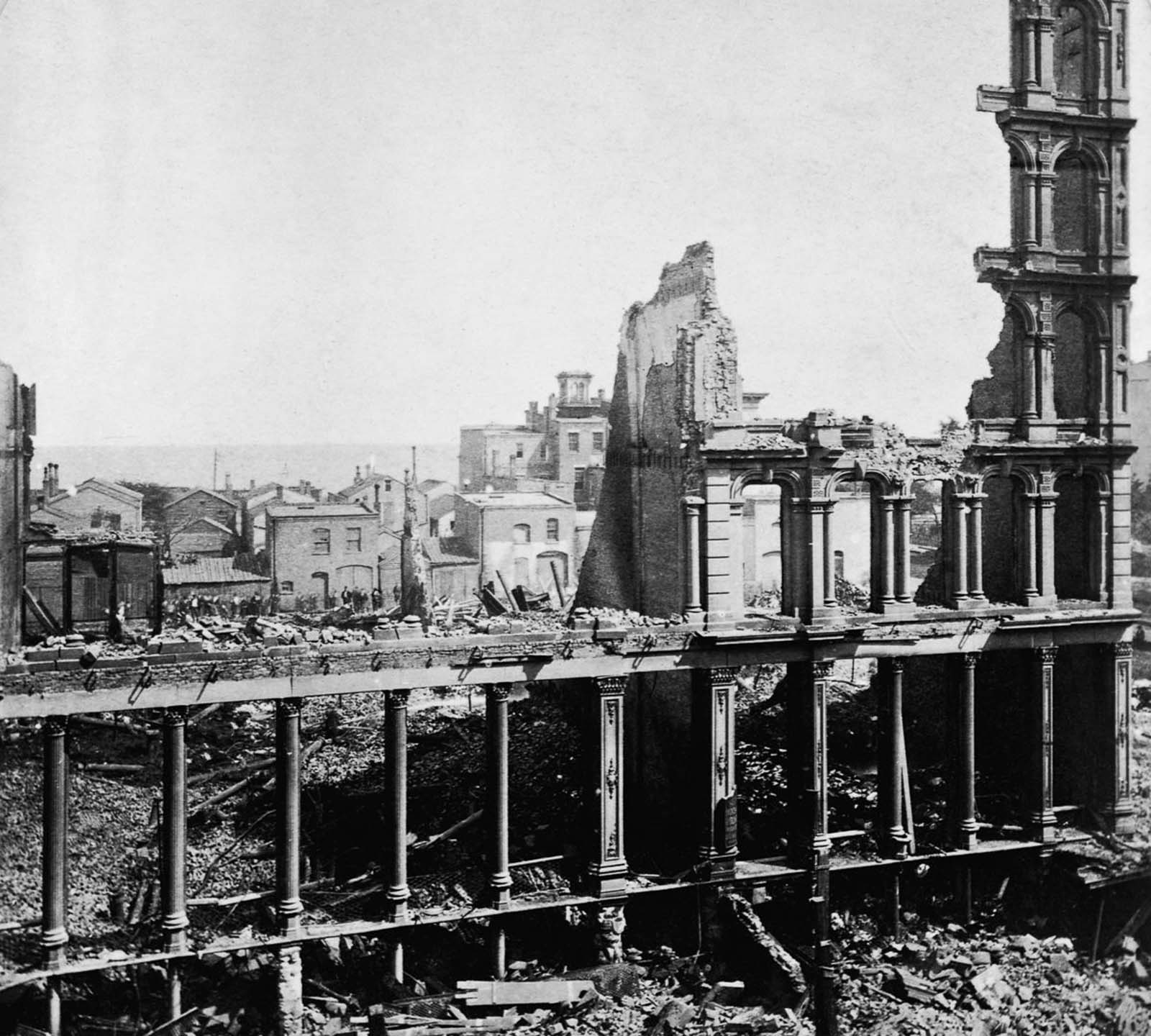 Exterior walls remain standing on “Drake’s Block” at the corner of Wabash Avenue and Washington Street.