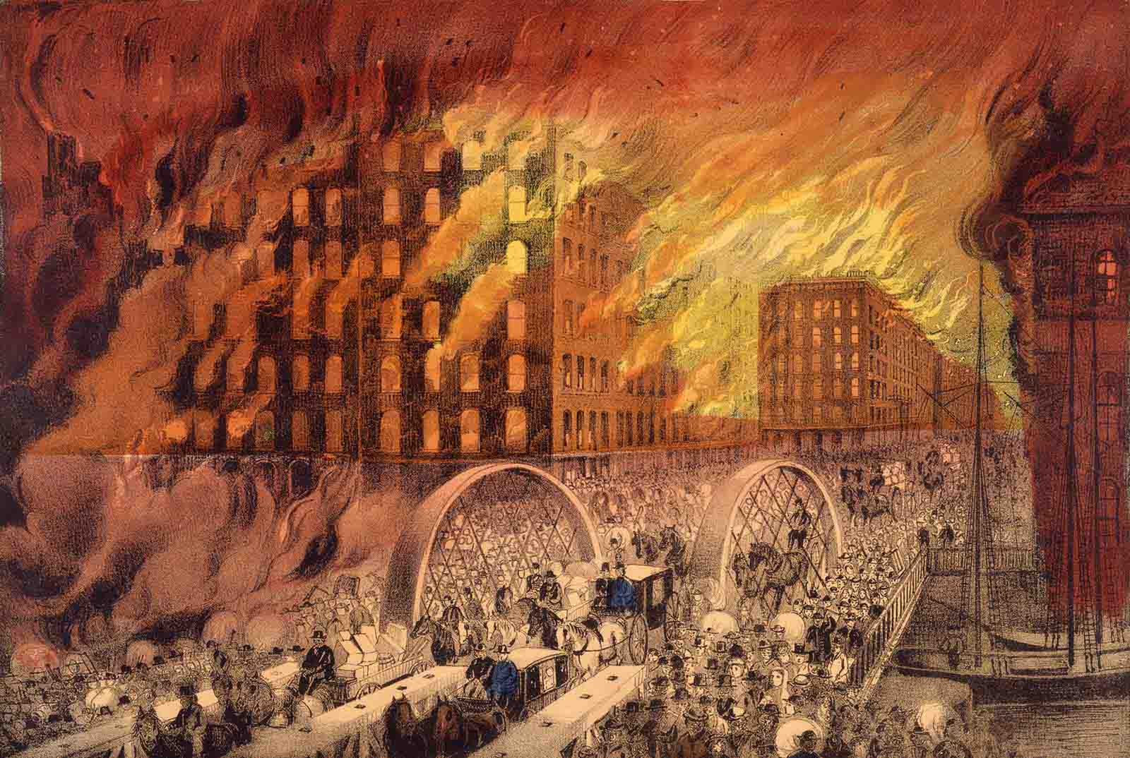 Artist’s rendering of the fire, by Currier and Ives; the view faces northeast across the Randolph Street Bridge.