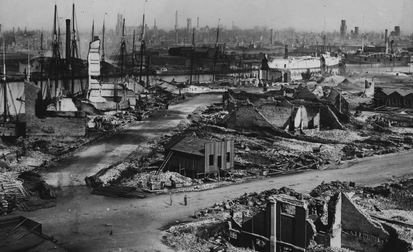 The Great Chicago Fire erupted on Oct. 8, 1871, and burned a large portion of the city until it died out two days later.