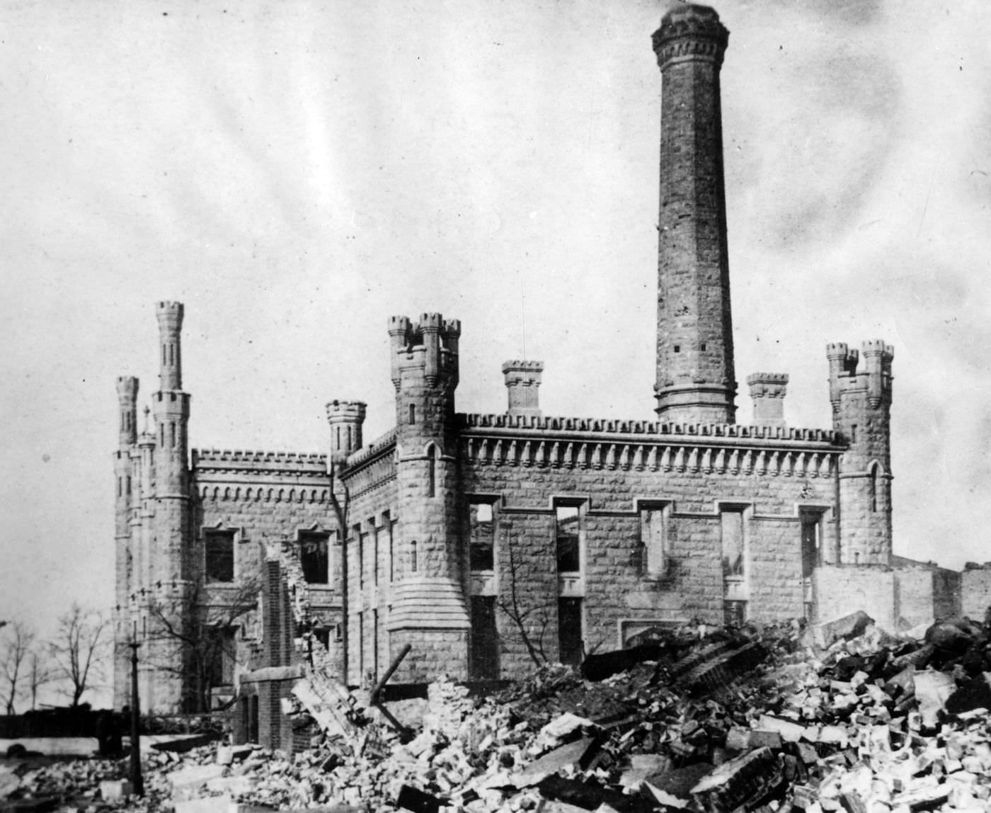 The view looking north shows the Pumping Station after the Great Chicago Fire of 1871.