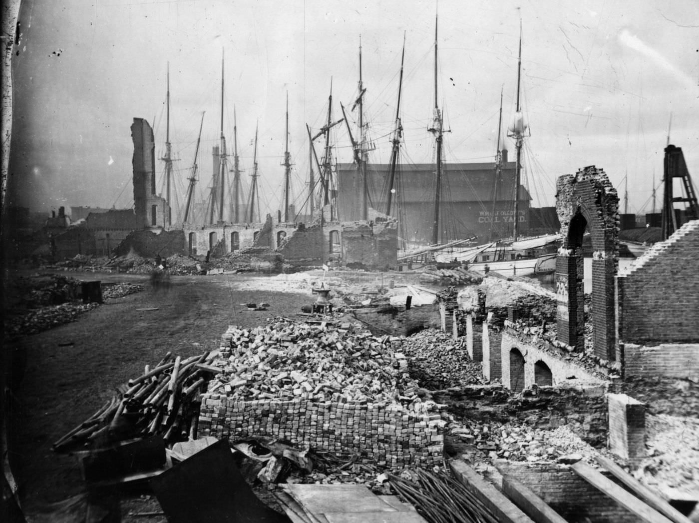 The ruins looking north across the Chicago river, toward the site of today's Merchandise Mart, after the Great Chicago Fire in 1871.