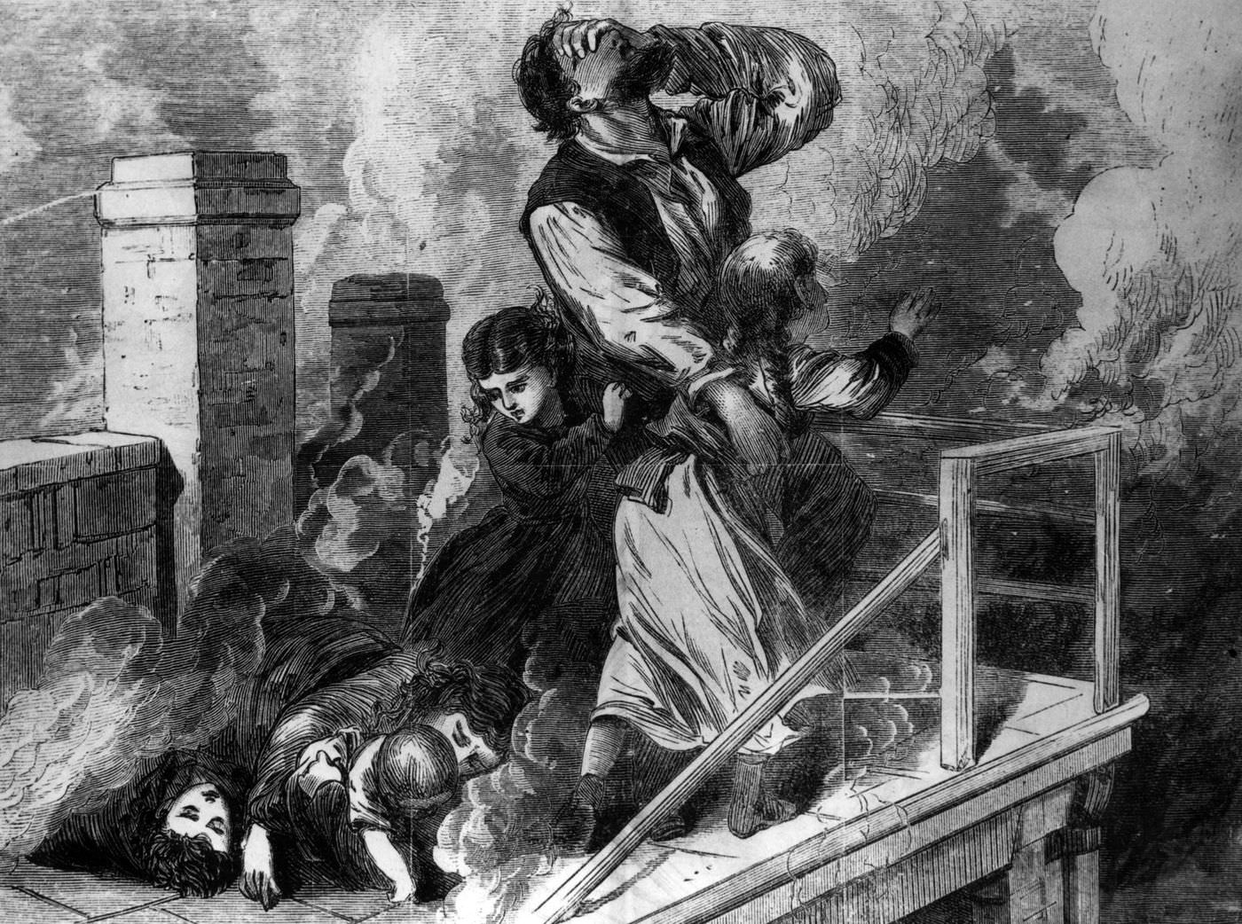 A drawing shows a family seeking refuge from the fire on a rooftop during the Great Chicago Fire of 1871.