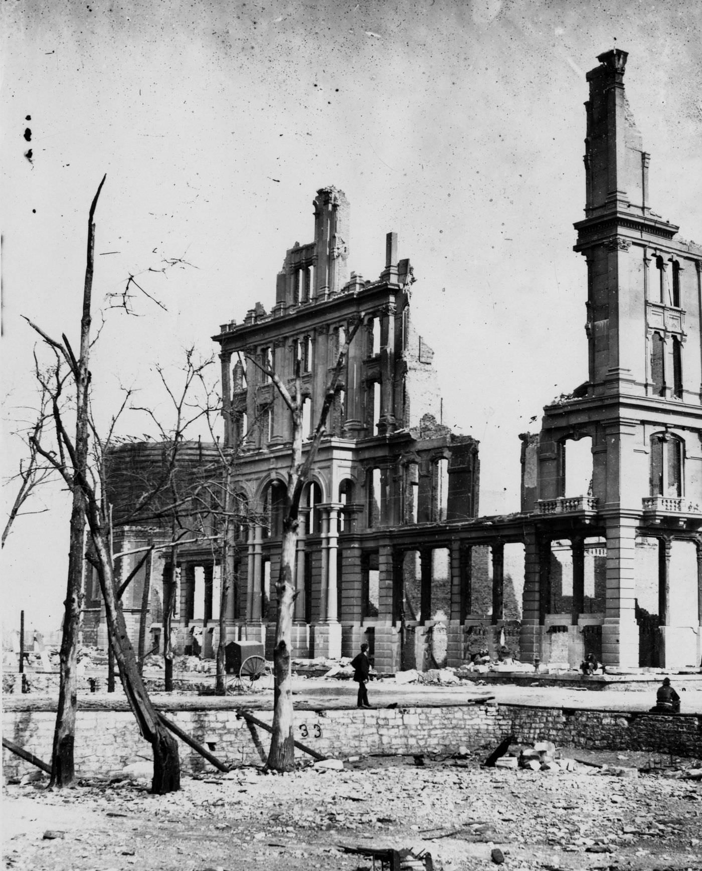 The ruins of the Grand Pacific Hotel after the Great Chicago Fire of 1871.