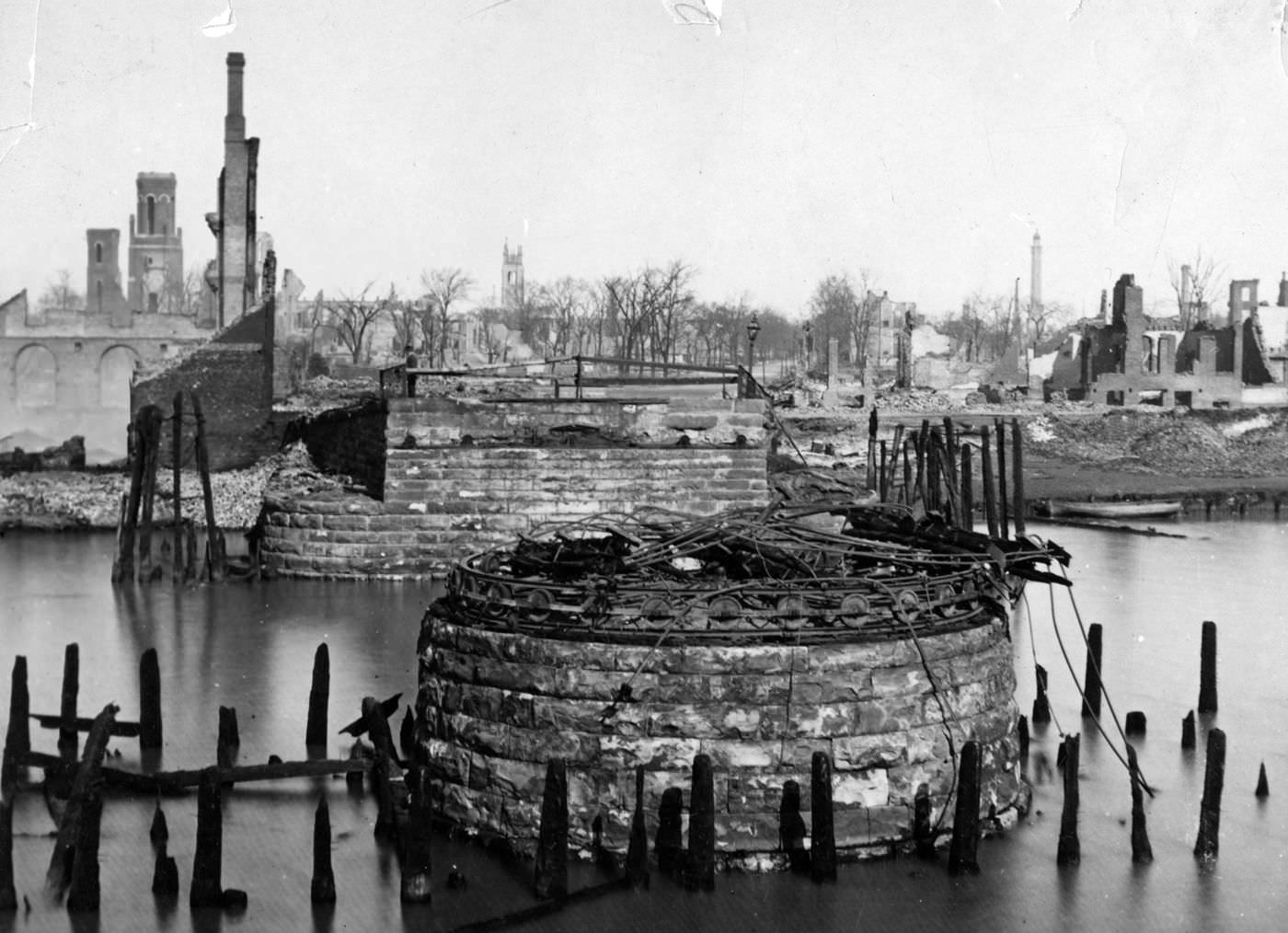 The Rush Street Bridge after the Great Chicago Fire, looking north from the Chicago River in 1871.