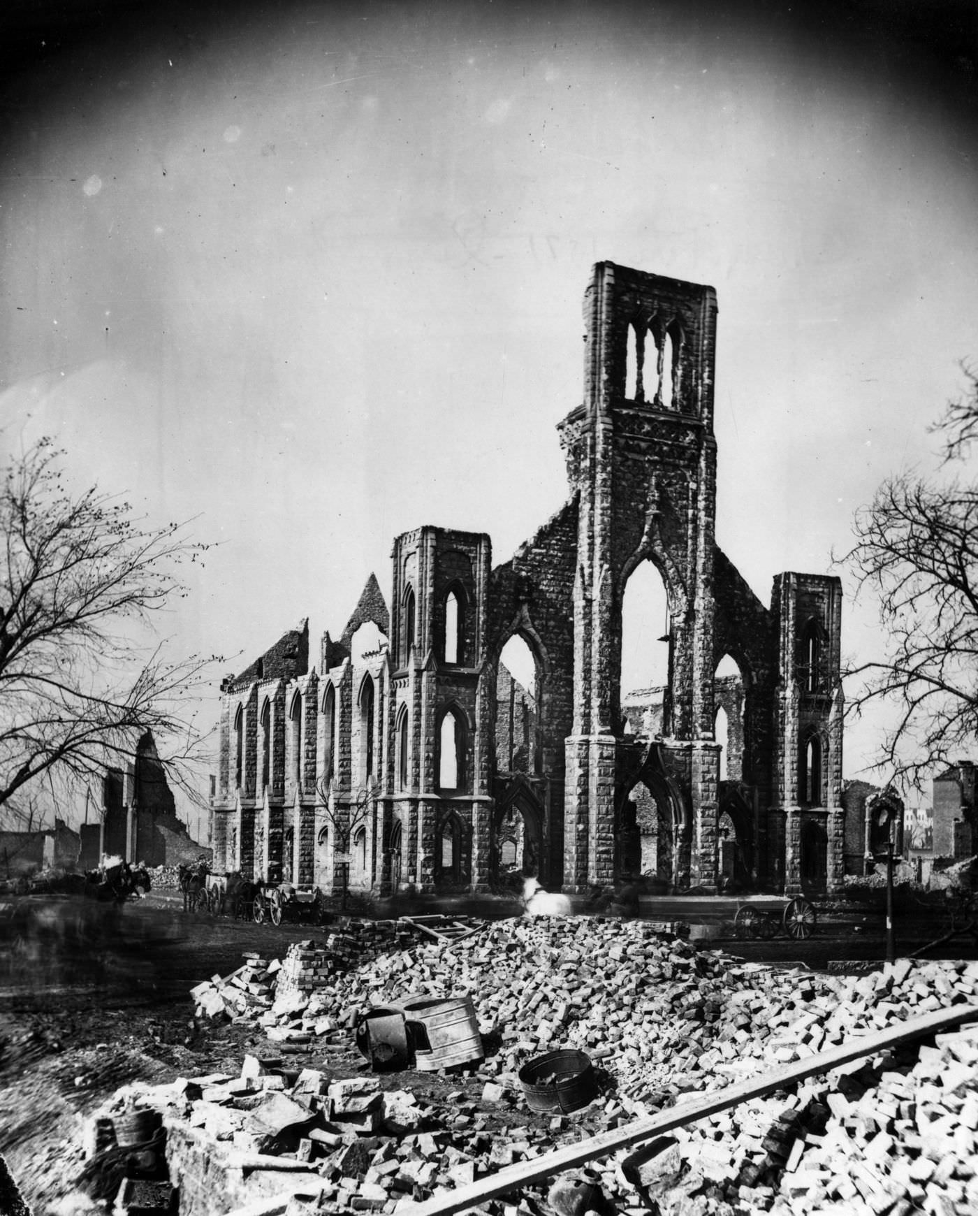 The shell of St. Paul's Universalist Church after the Great Chicago Fire in 1871.