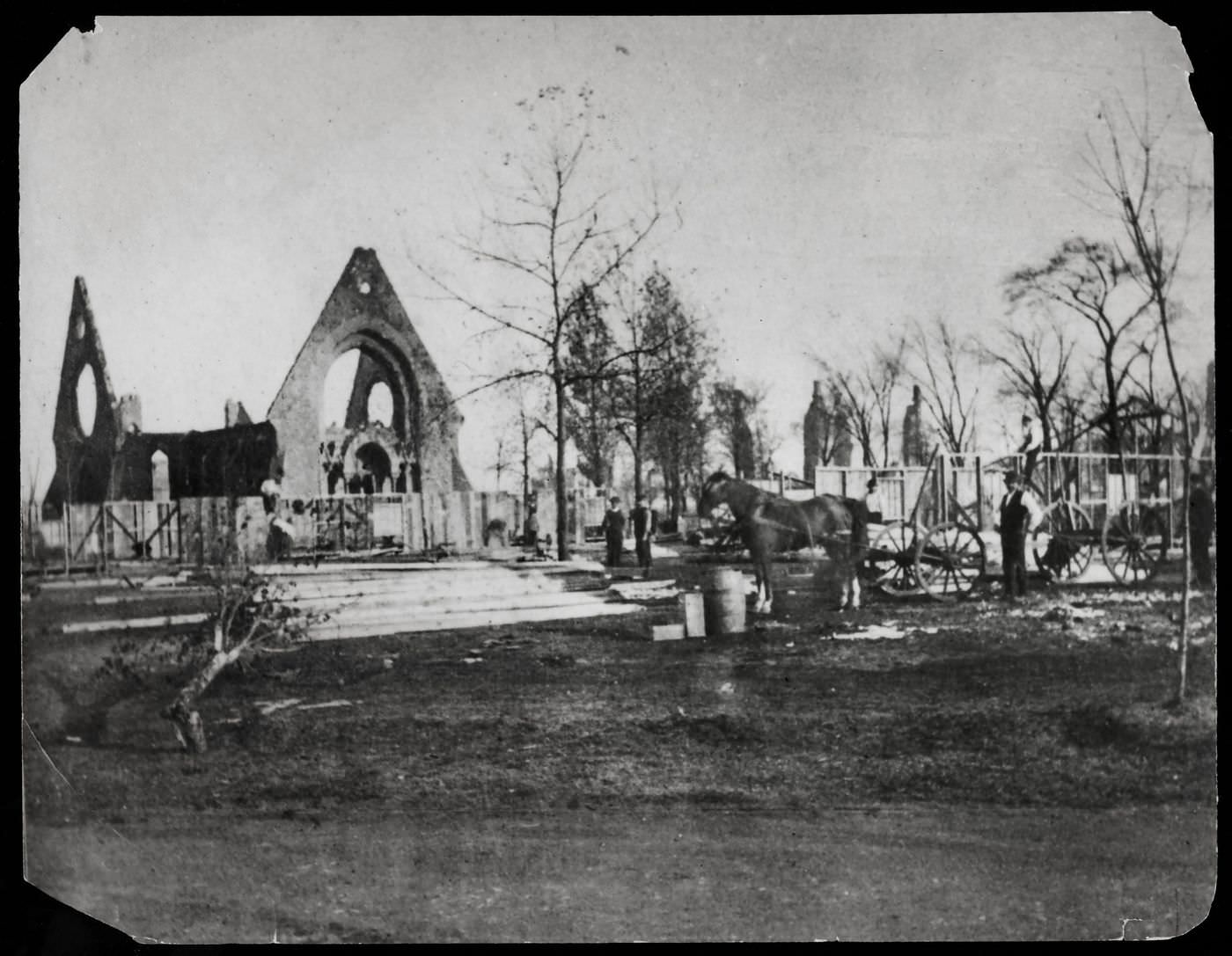An unidentified location in Chicago in the aftermath of the Great Chicago Fire of 1871.