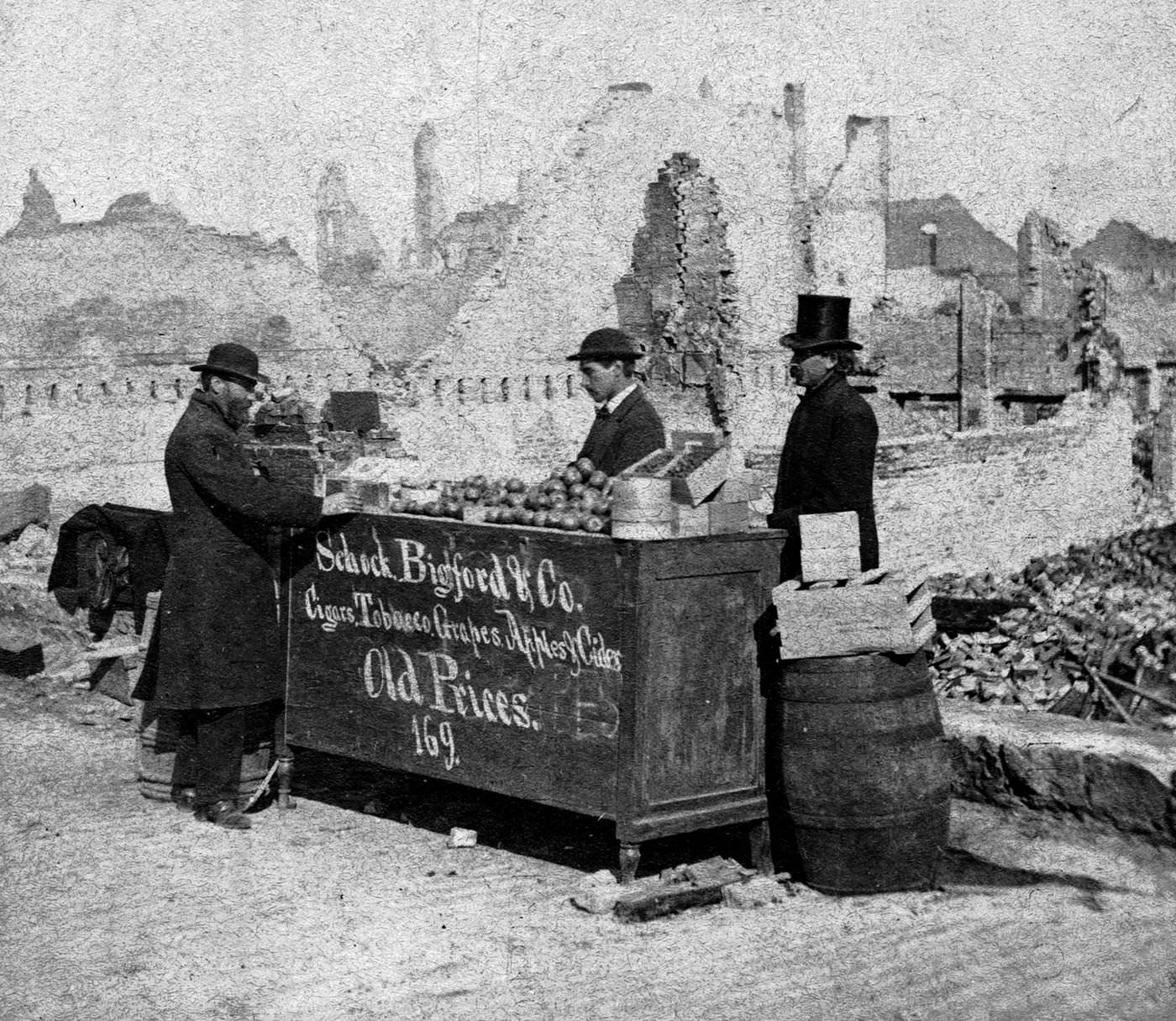 View of Schock, Bigford, and Company, the first store opened in the burnt district after the Chicago Fire of 1871.