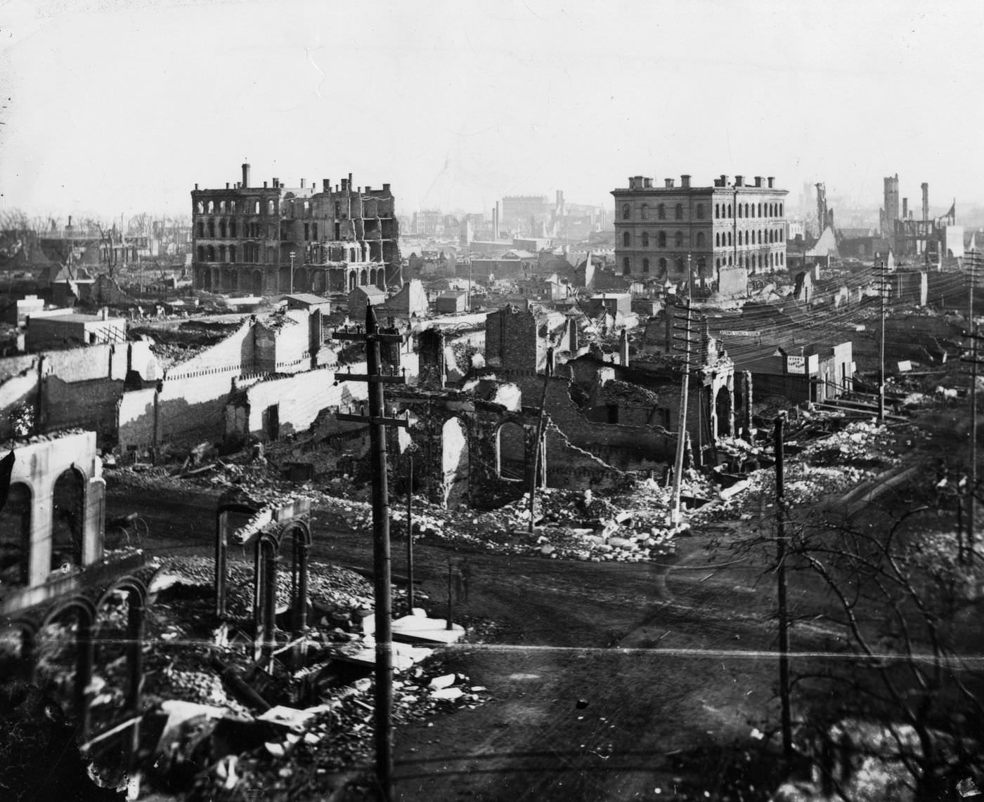 The view of the ruins of the Courthouse and City Hall after the Great Chicago Fire in 1871.