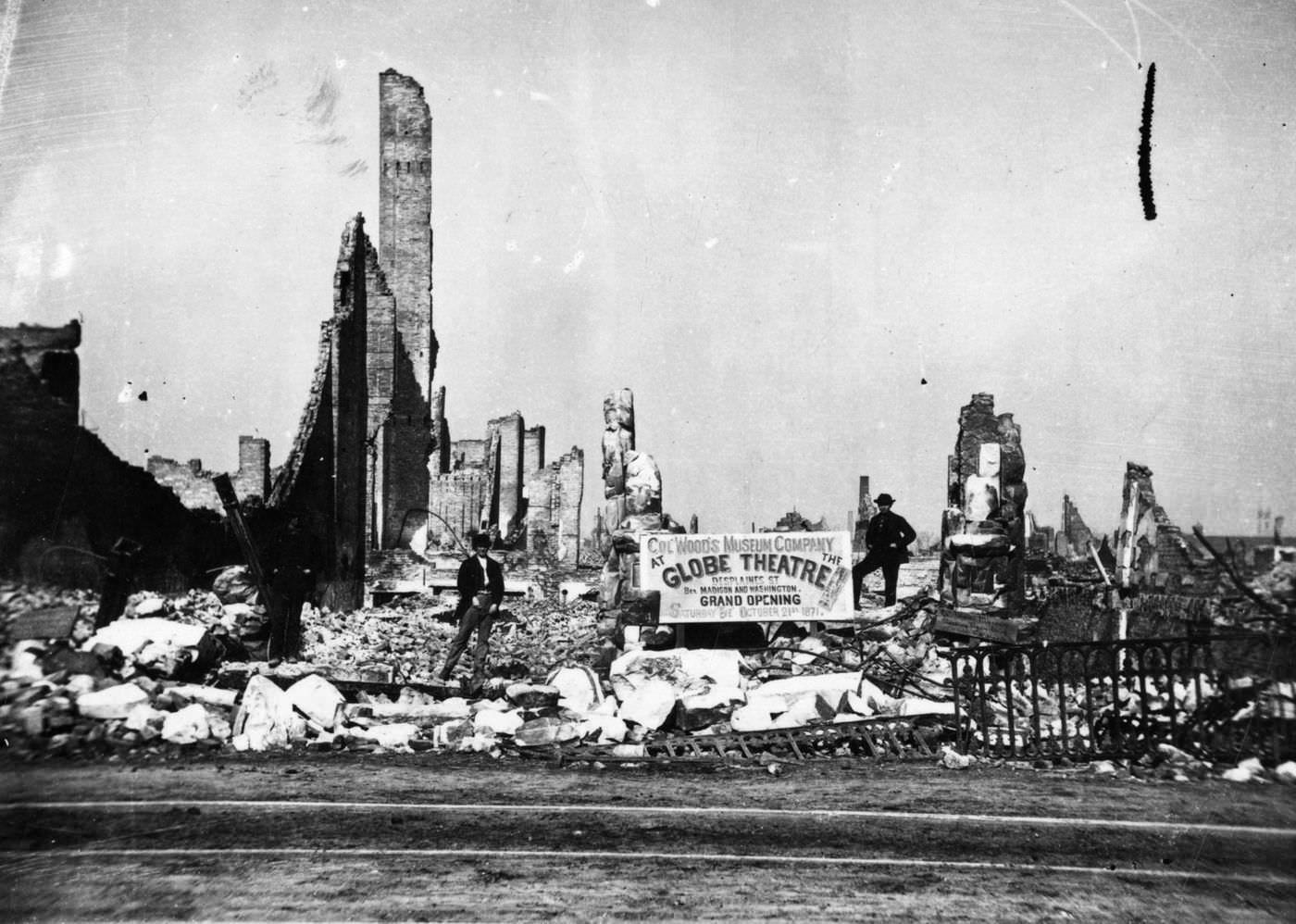 The ruins of Col. Woods museum on Randolph Street, between Clark and Dearborn streets after the Great Chicago Fire in 1871.