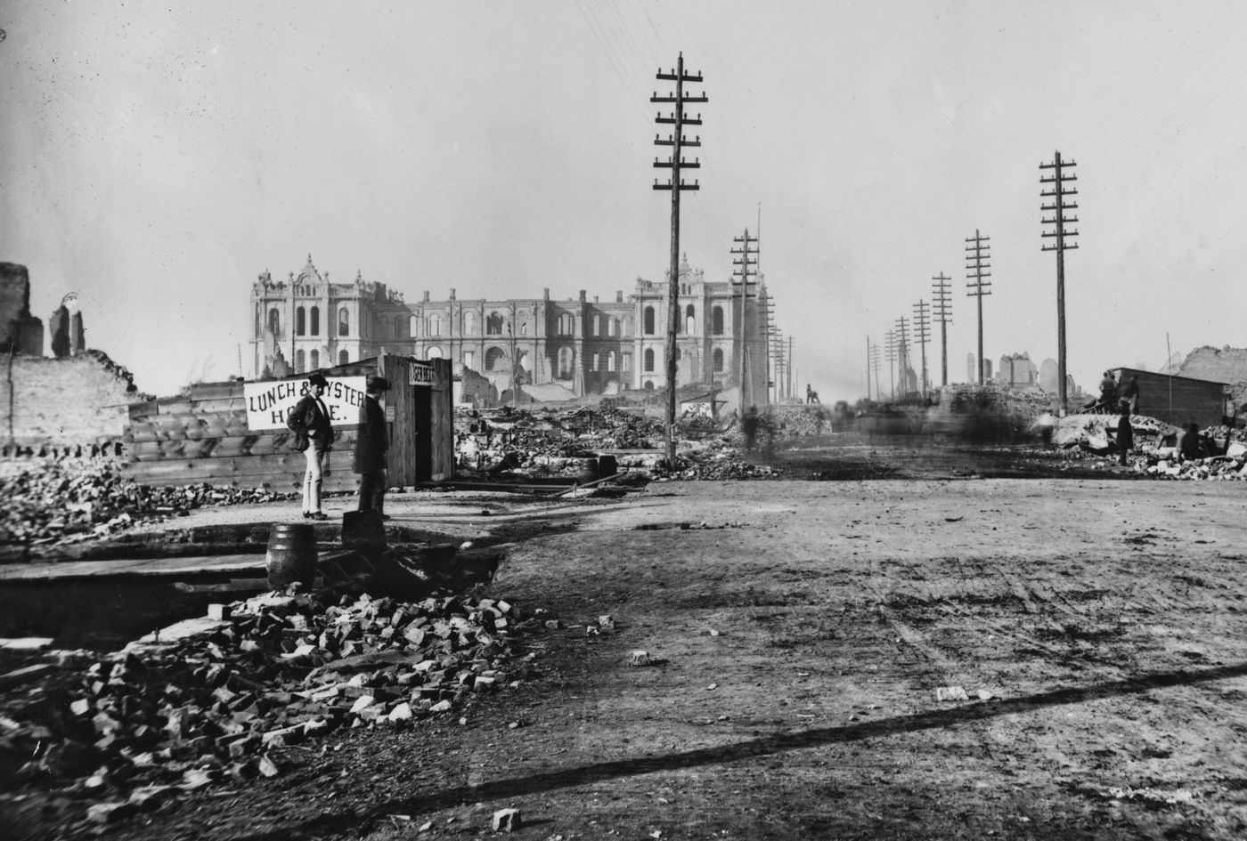 What remains of the courthouse and City Hall, looking north on Clark Street from Adams Street, in the aftermath of the Great Chicago Fire in 1871.