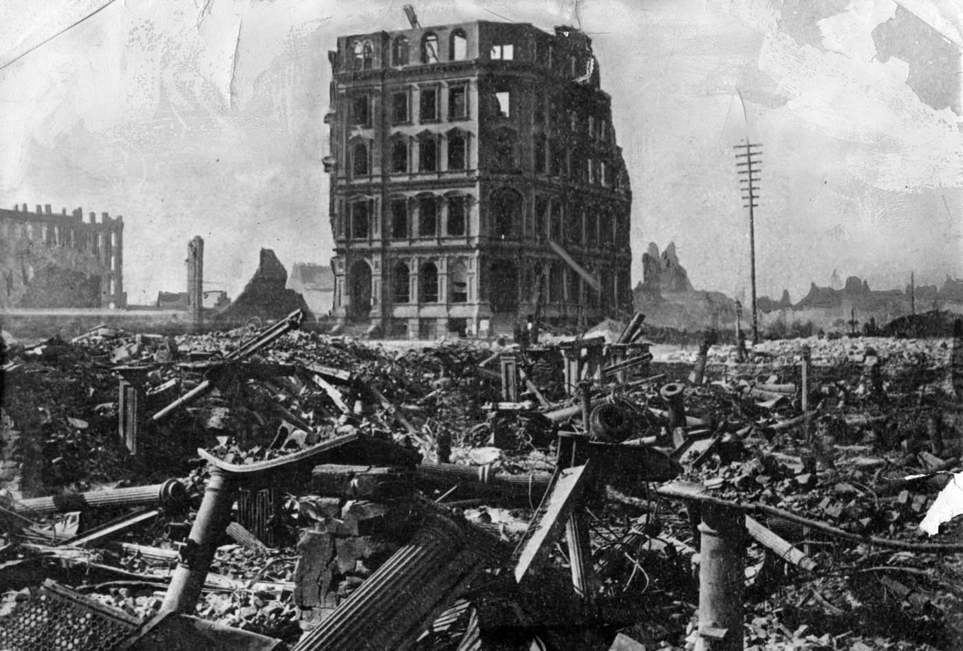 The First National Bank building stands in ruins at State and Washington streets after the Great Chicago Fire in 1871.