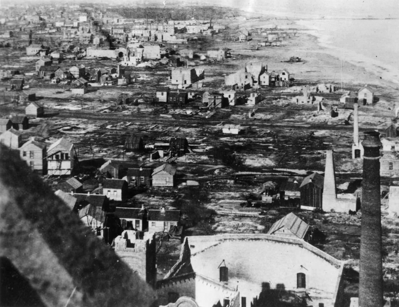 The view looking directly north from the Water Tower after the Great Chicago Fire of 1871. Photo taken circa 1871-1872.