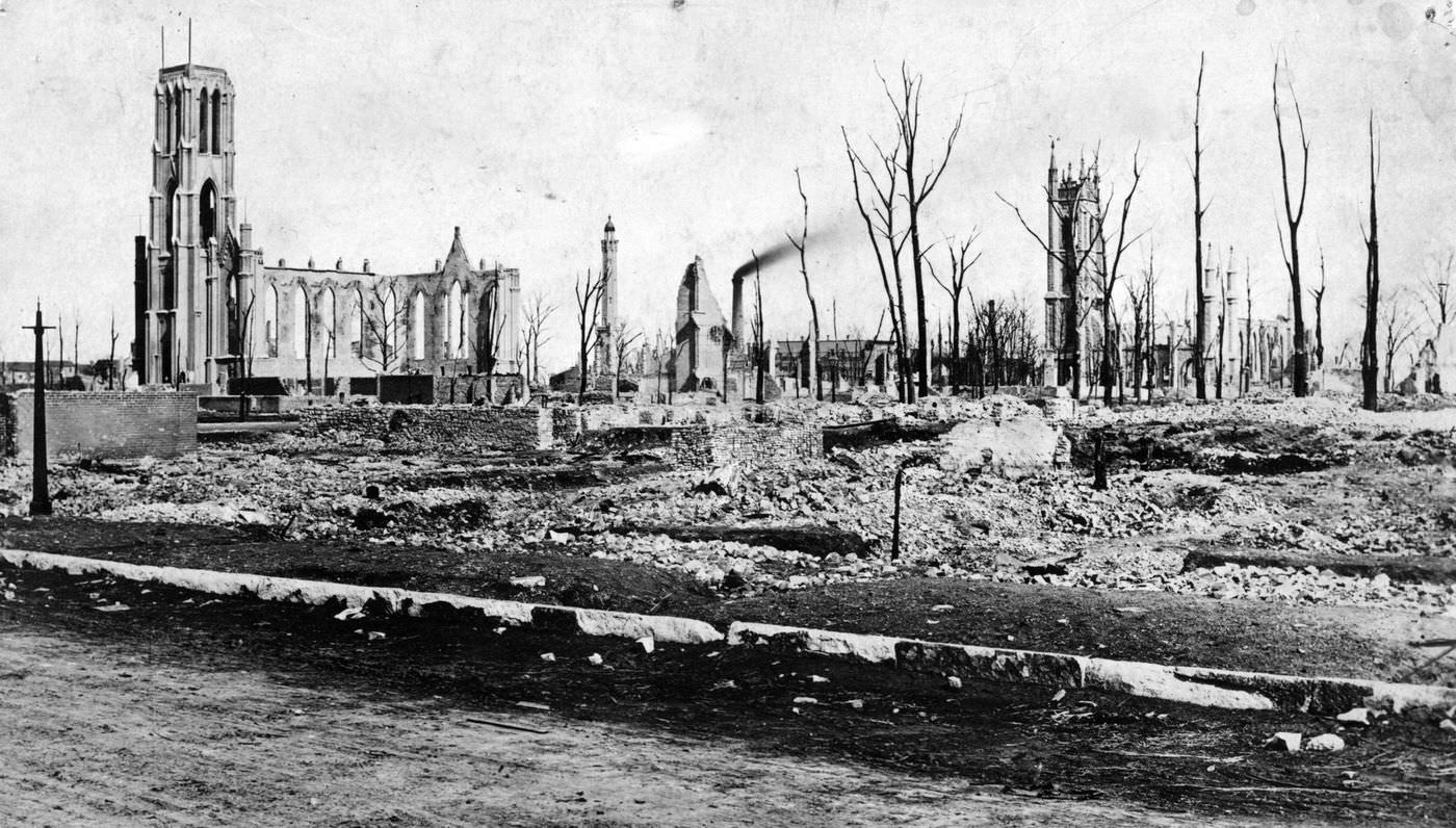 Holy Name Cathedral, left, and St. James Episcopal Church, right, lay in ruins after the Great Chicago Fire in 1871.