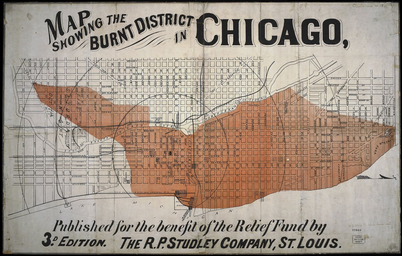 "Map Showing the Burnt District in Chicago" shows the level of destruction of the 1871 Great Chicago Fire.