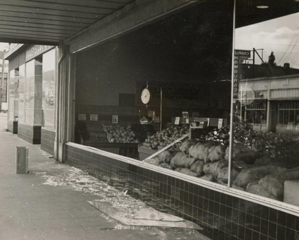Damage to a store in downtown Olympia after earthquake, 1949