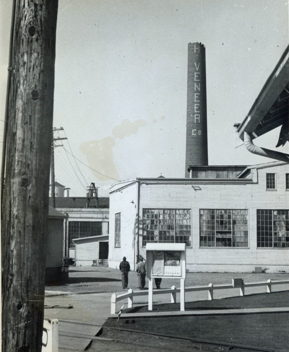 Washington Veneer smokestack after the Olympia earthquake, 1949