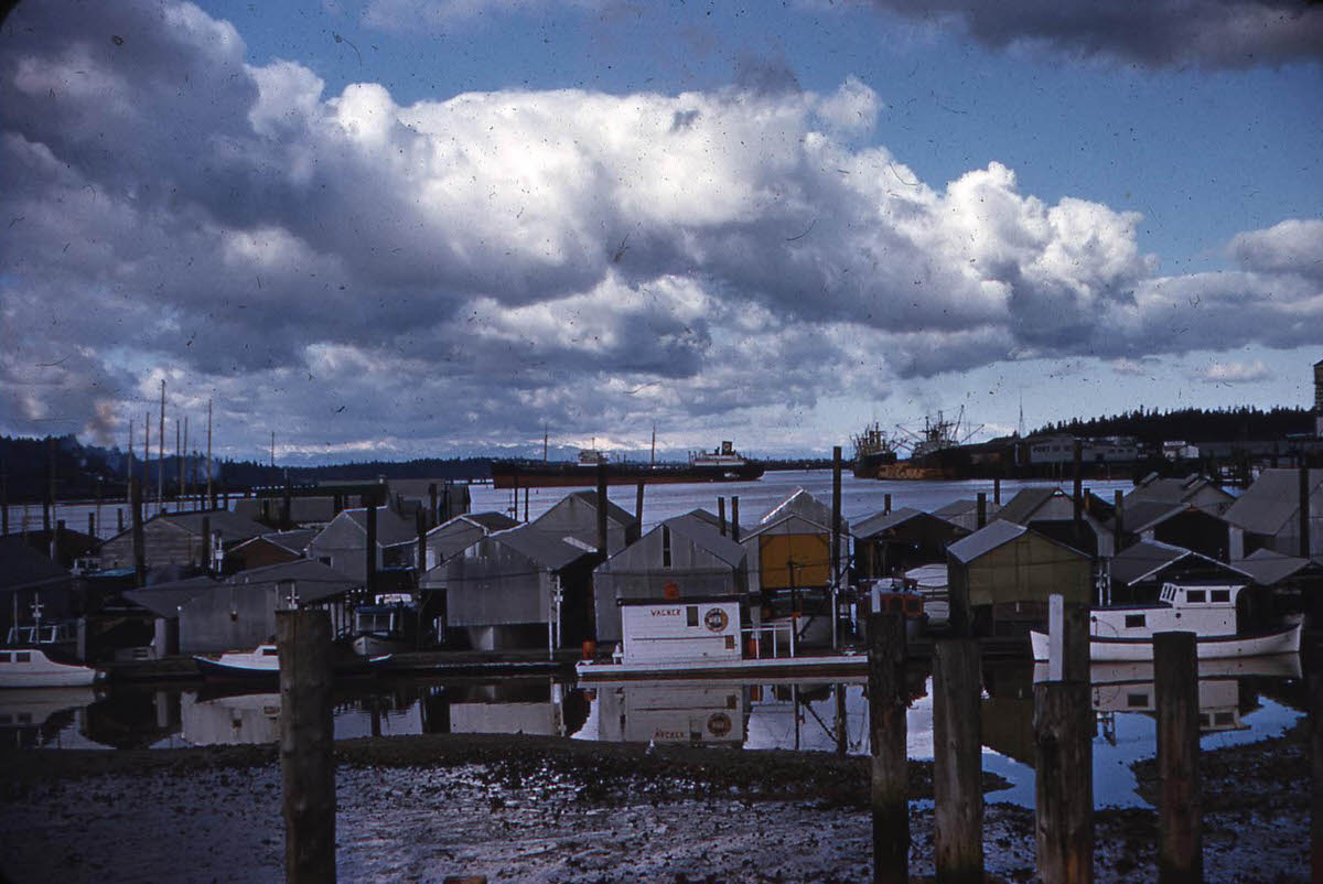 Olympia Yacht Club with ships in background, 1955