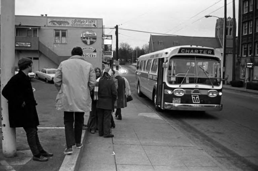 Abortion rights activists boarding chartered bus in University District to attend a rally in Olympia, 1970