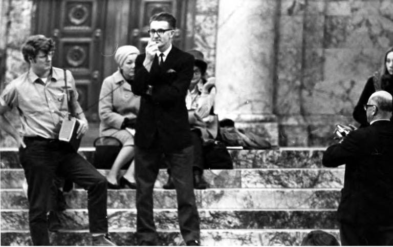 Dr. A. Frans Koome speaking in the Washington State Capitol rotunda during abortion rights rally in Olympia, 1970