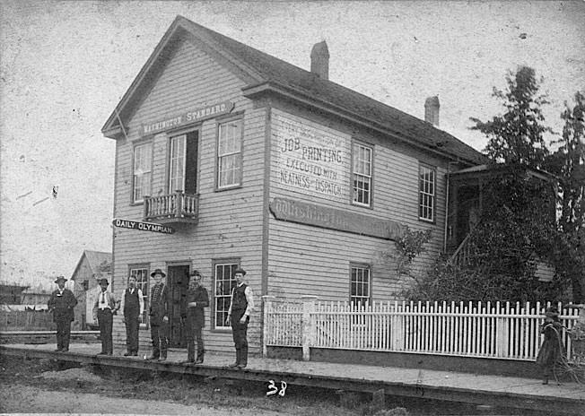 A two-story building, the home of the Washington Standard and Daily Olympian newspaper, Olympia, 1878