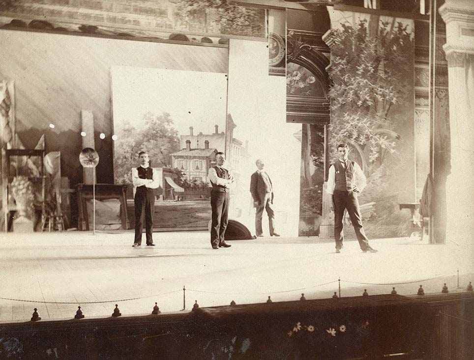 Stage, scenery and actors at Olympia Opera House, 1885