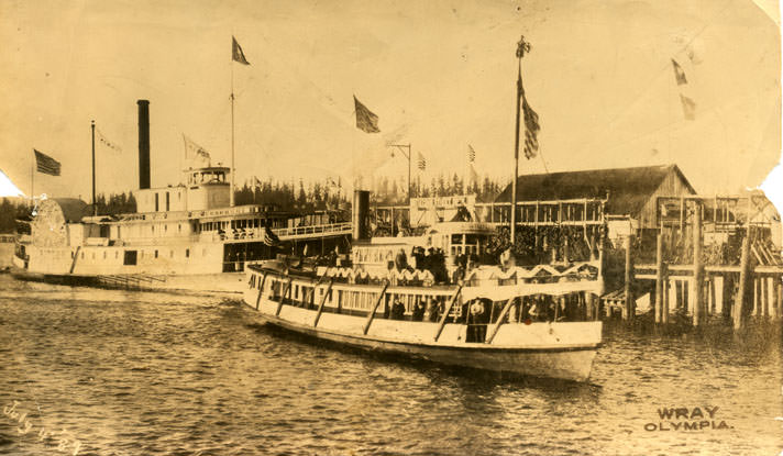 Two steamers, the T.J. Potter and the Fleetwood, steaming into the Port of Olympia, 1889