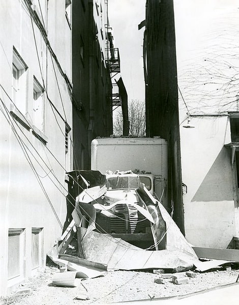 Damage after 1949 earthquake, back of Governor Hotel. 1949