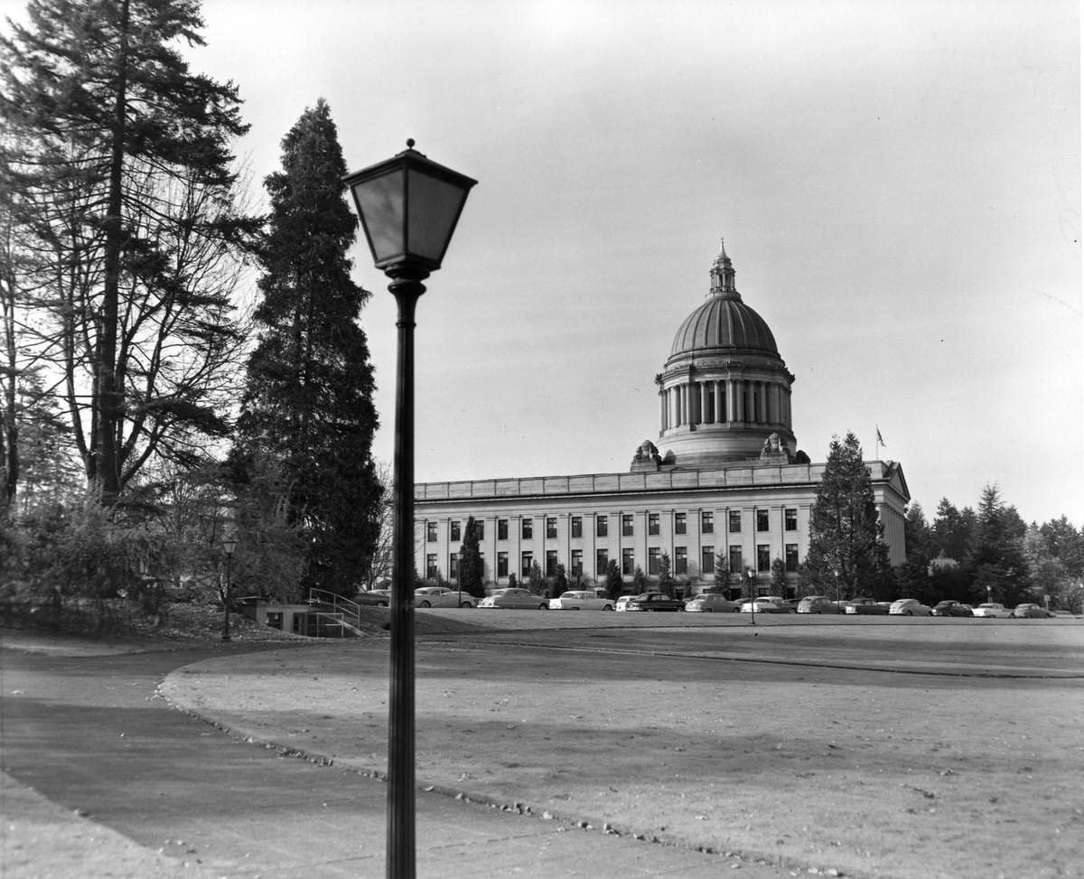 View of the Insurance Building and Legislative dome, 1956