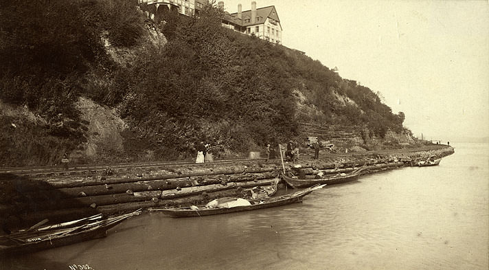 Puyallups and Canoes by Railroad Tracks Along Commencement Bay, Below Tacoma Hotel, Tacoma, 1886