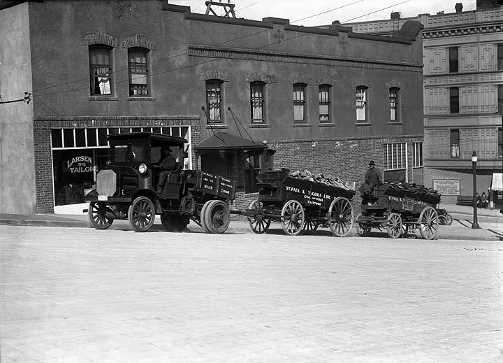 St. Paul & Tacoma Lumber Co. Truck Pulling Wagons, Tacoma, 1910