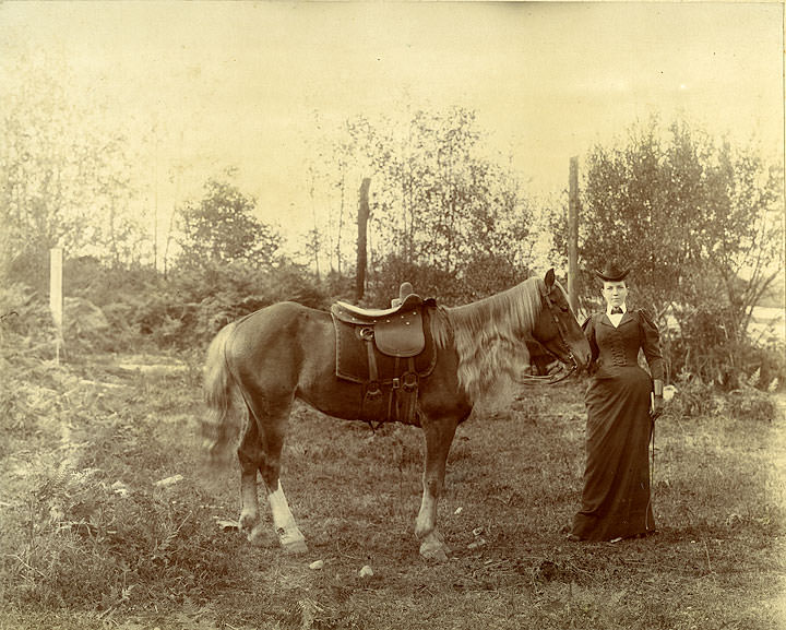 Woman and horse, Tacoma, 1900