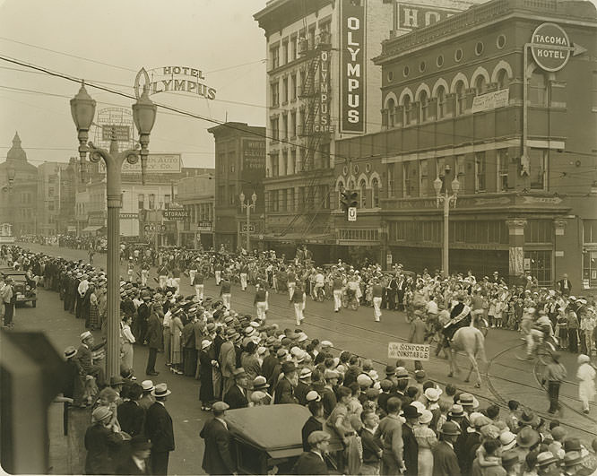 Parade on Pacific Avenue, Tacoma, looking north from Eighth, 1936