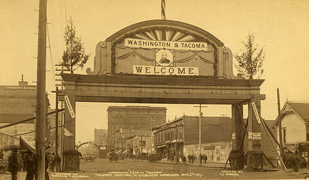 Lumbermen's 'Arch of Tacoma,' Tacoma's Greeting to President Harrison, 1891