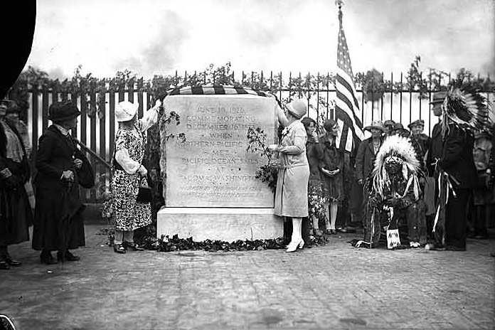 Northern Pacific RR--17th and Pacific-Group of people at the marker, Tacoma, 1926